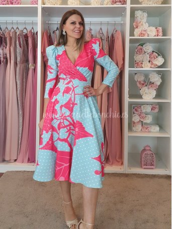 [Vestidos de fiesta cortos] - VESTIDO DE FIESTA VALERIA ESTAMP. LUNARES Y FLORES