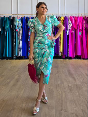 [Vestidos de fiesta cortos] - VESTIDO DE FIESTA ROCÍO ESTAMPADO MANGA CORTA