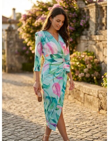 [Vestidos de fiesta cortos] - VESTIDO DE FIESTA PALMA ESTAMPADO